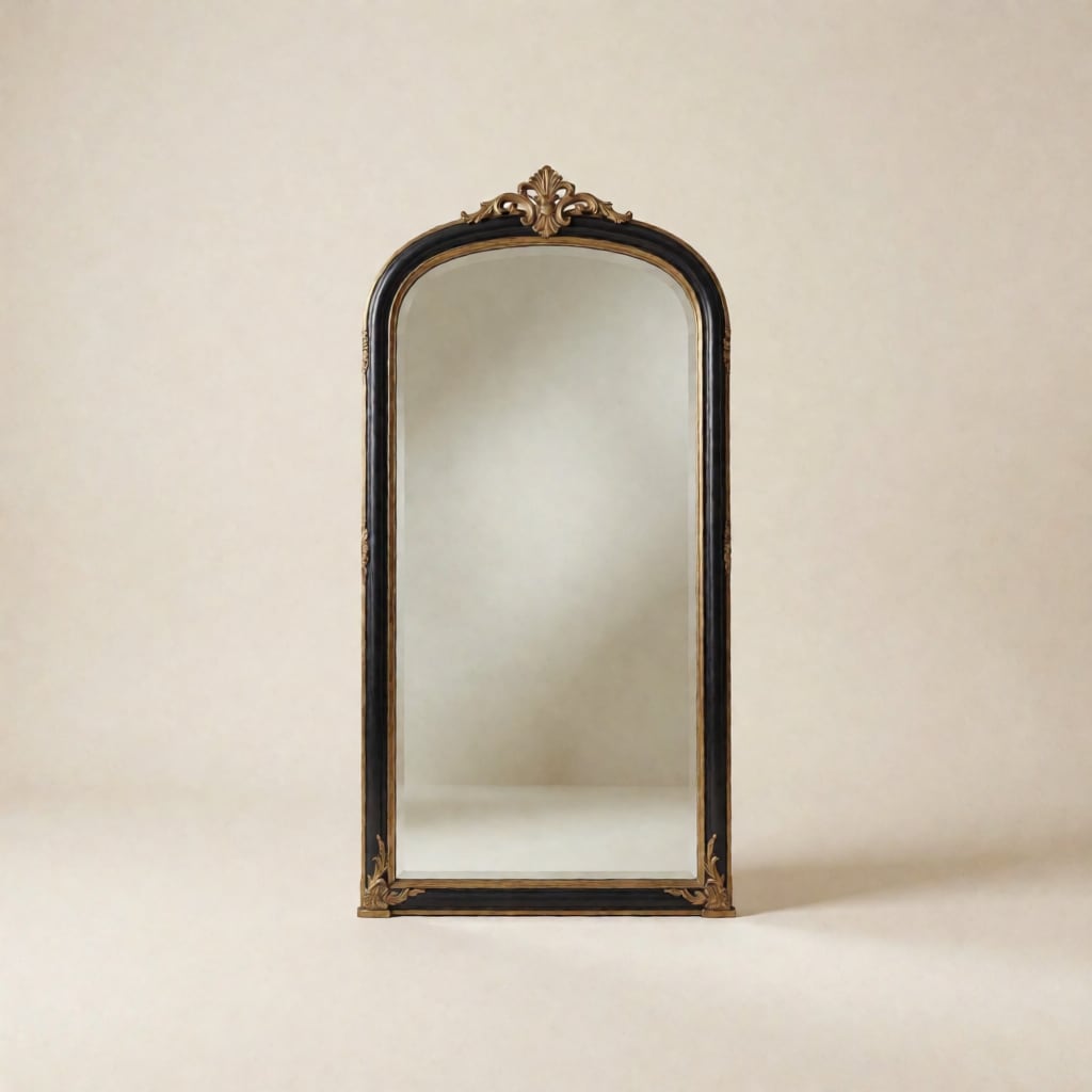 مرآة بإطار مزخرف منتصف القرن — أسود فاحم